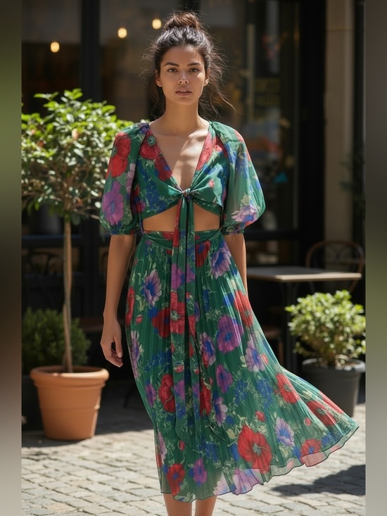 ASOS Dresses & Skirts - ASOS Floral Tie-Front Pleated Midi Dress with Cut-Out